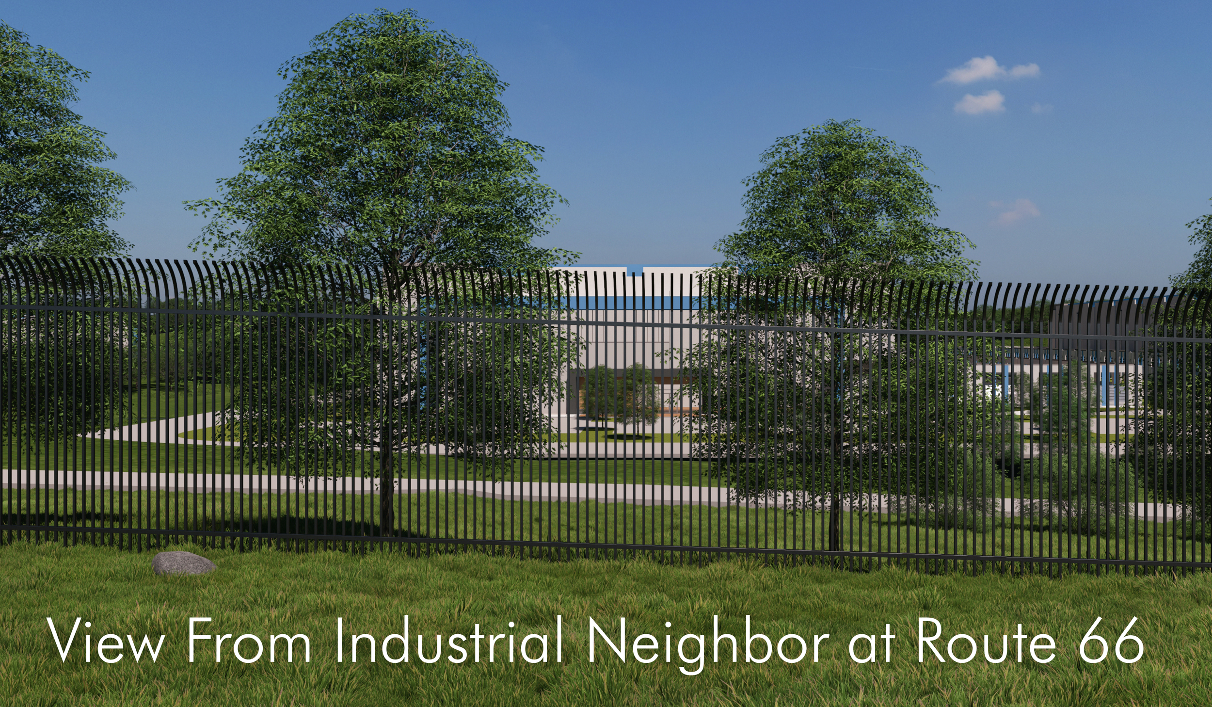 View from industrial neighbor at Route 66, showing trees, a black metal fence, and a semi hidden modern building in the background under a blue sky.