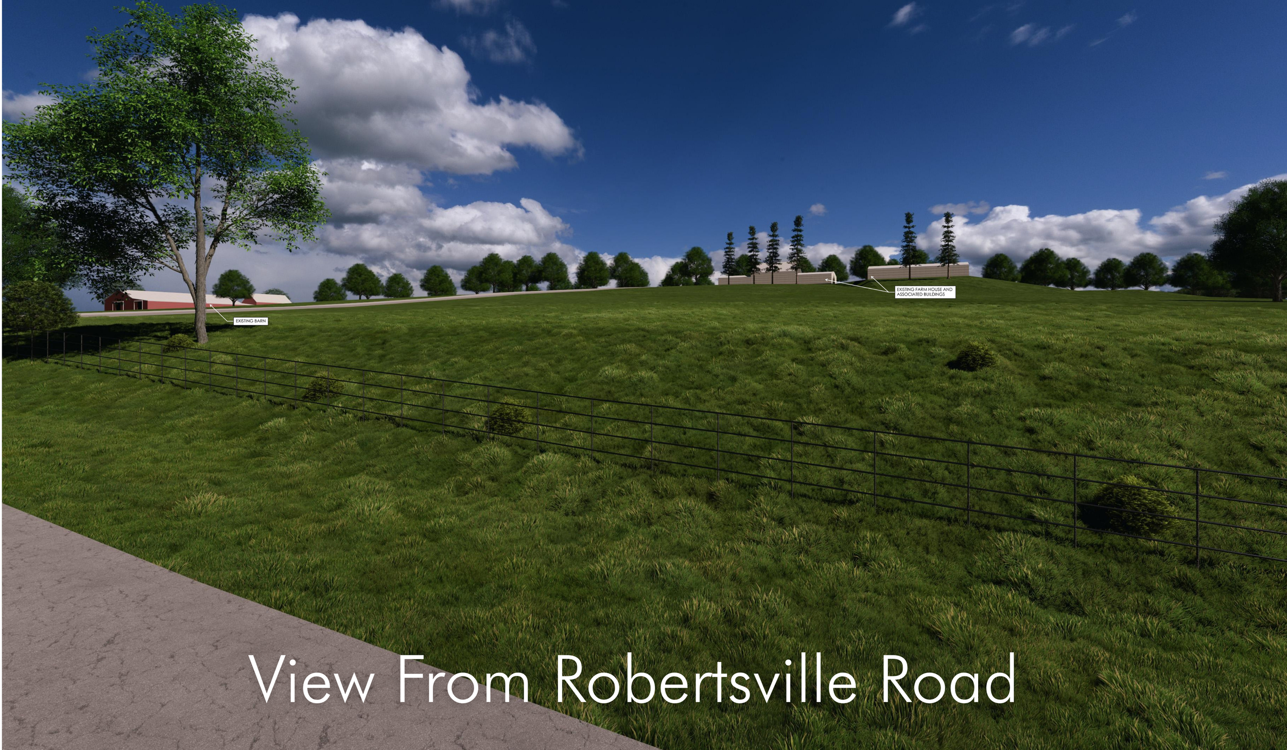 Rendering of a rural landscape showing a huge grassy hill with a fence, trees, and buildings/homes in the distance, under a partly cloudy sky. The view is from Robertsville Road.