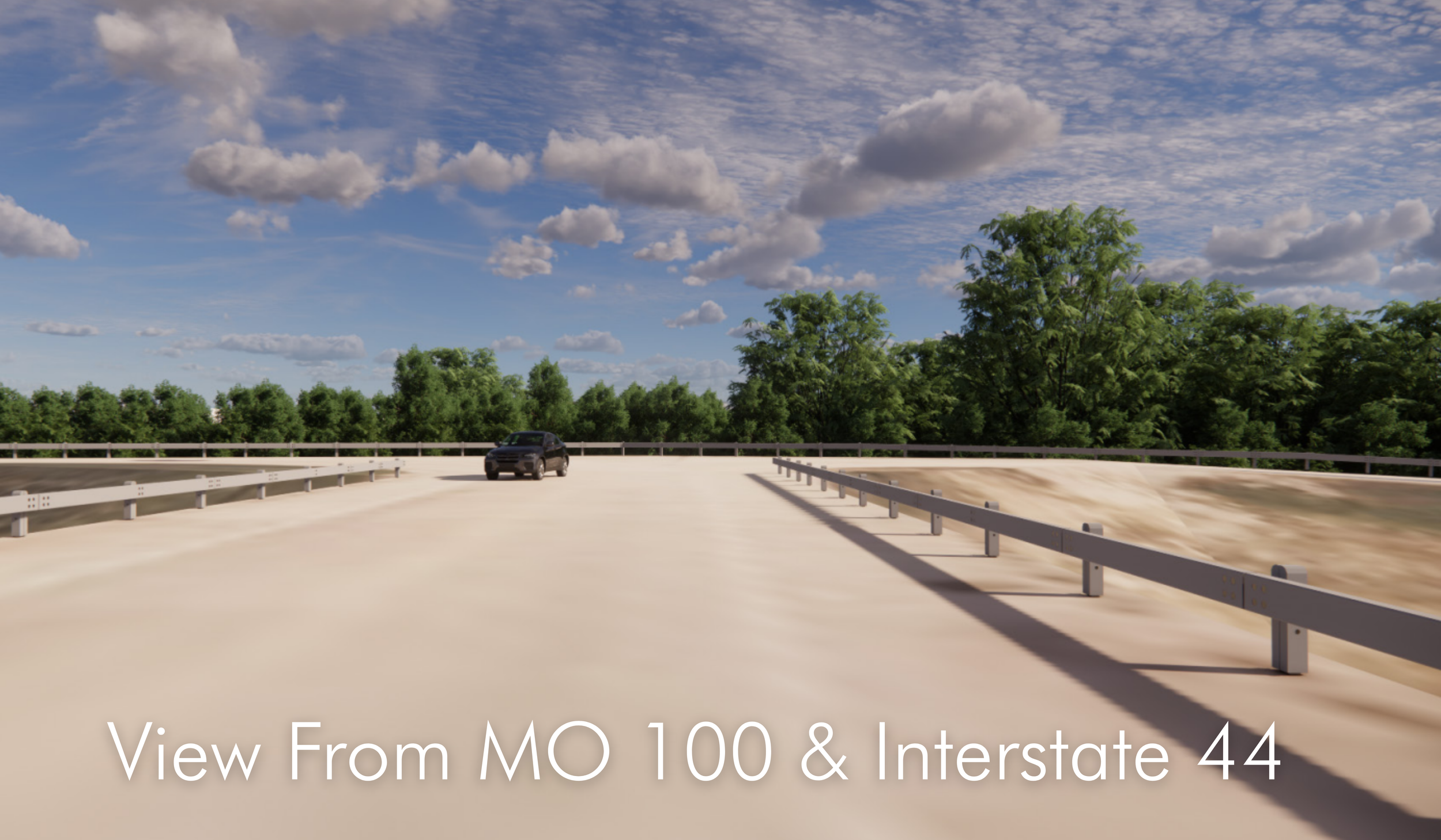 A black car driving on an empty roadway with green trees and a partly cloudy sky in the background. The image is labeled 'View From MO 100 & Interstate 44'.