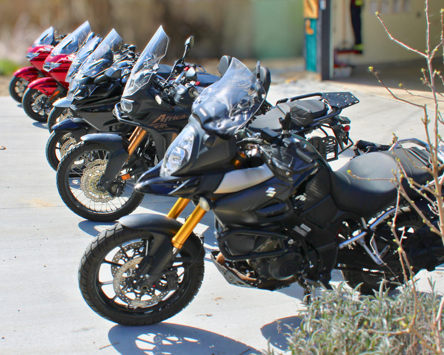 A row of motorcycles parked on a driveway, with some red, black, and gray bikes visible under sunlight.