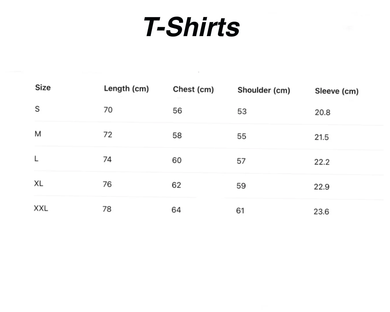 Size chart for T-shirts showing measurements in centimeters for sizes S, M, L, XL, and XXL, including length, chest, shoulder, and sleeve.