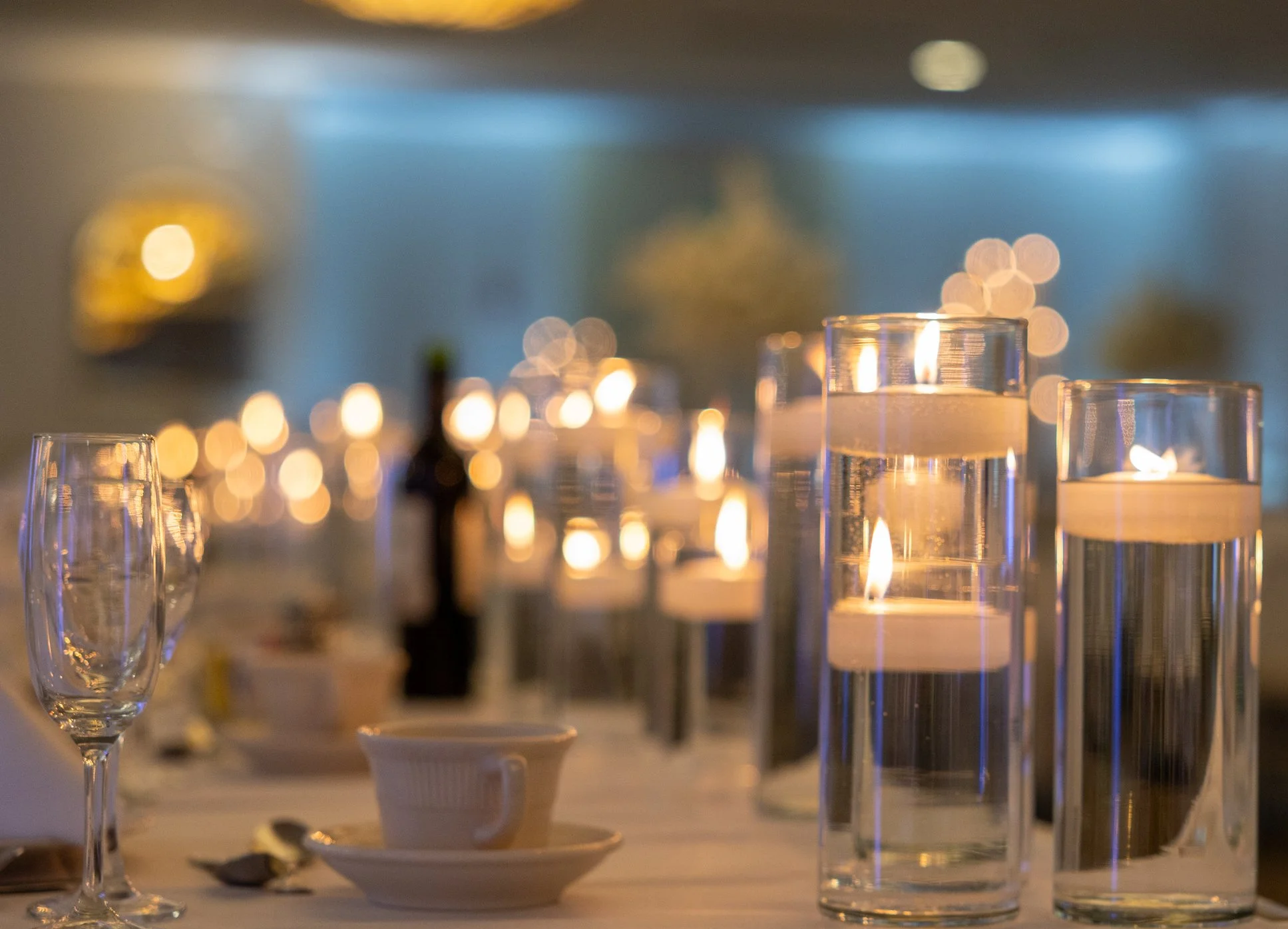Crystal Palace Banquets, an event space, decorated for an elegant and simple wedding party.