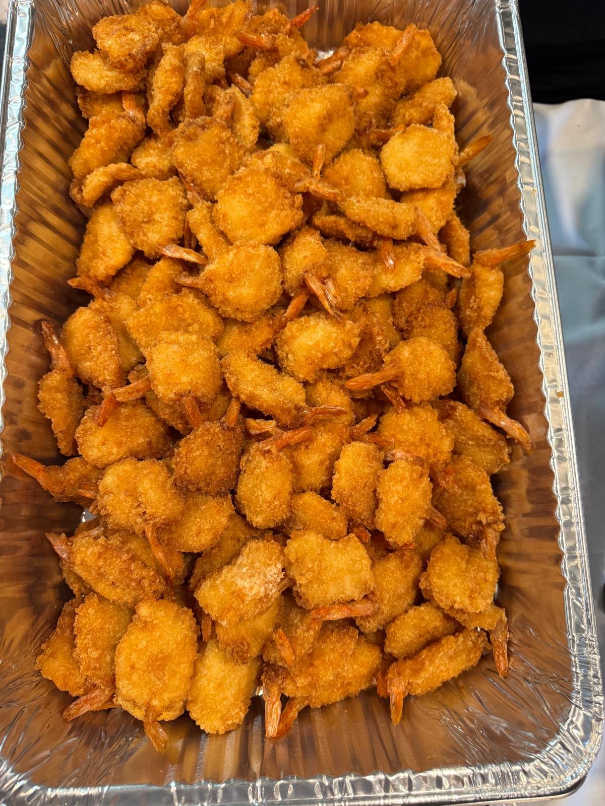 A try of fried shrimp. Crystal Palace is a caterer and banquet hall in Mt Prospect that specializes in Mediterranean food.