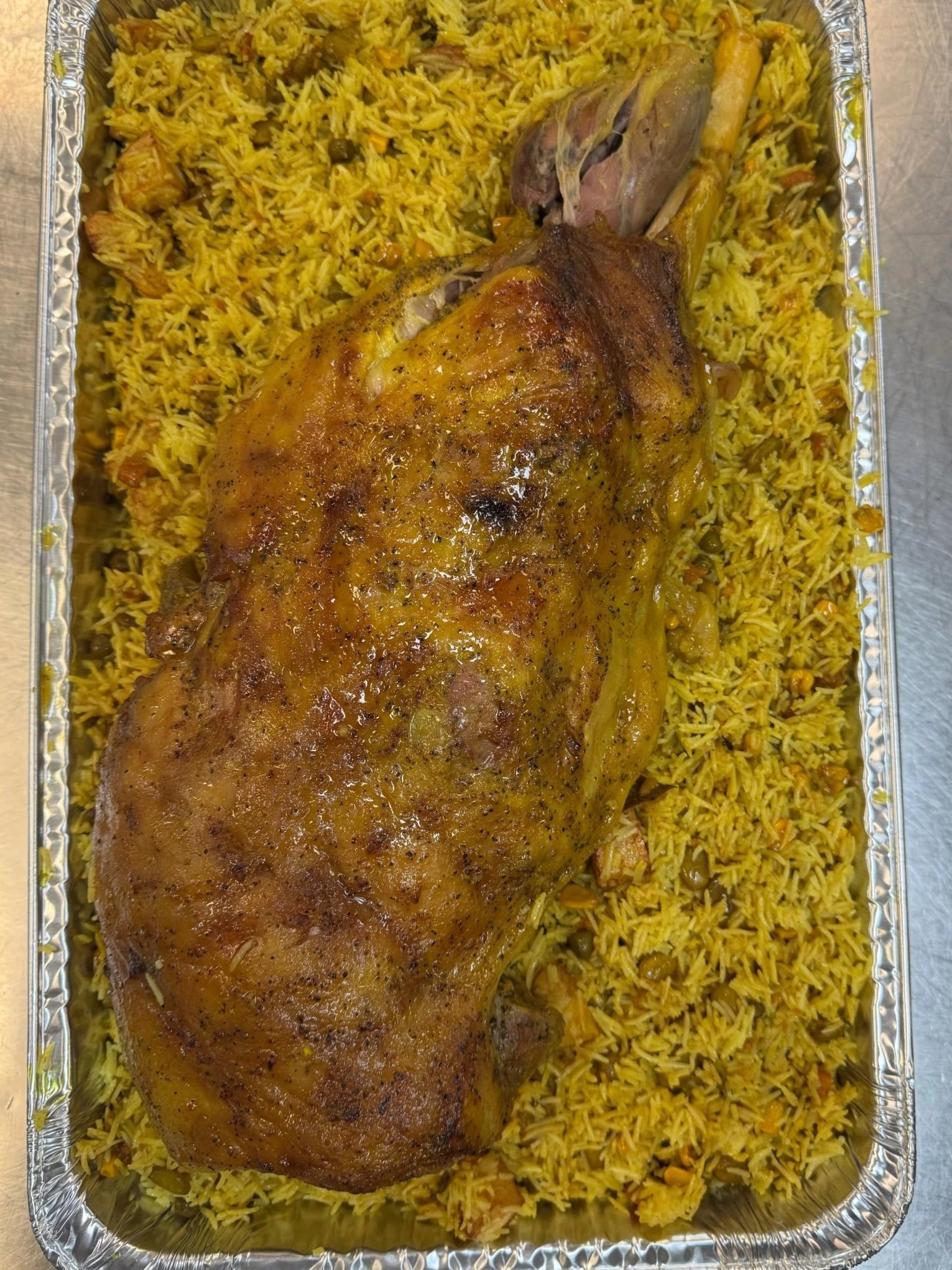 Leg of Lamb with biryani. Crystal Palace is a caterer and banquet hall in Mt Prospect that specializes in Mediterranean food.