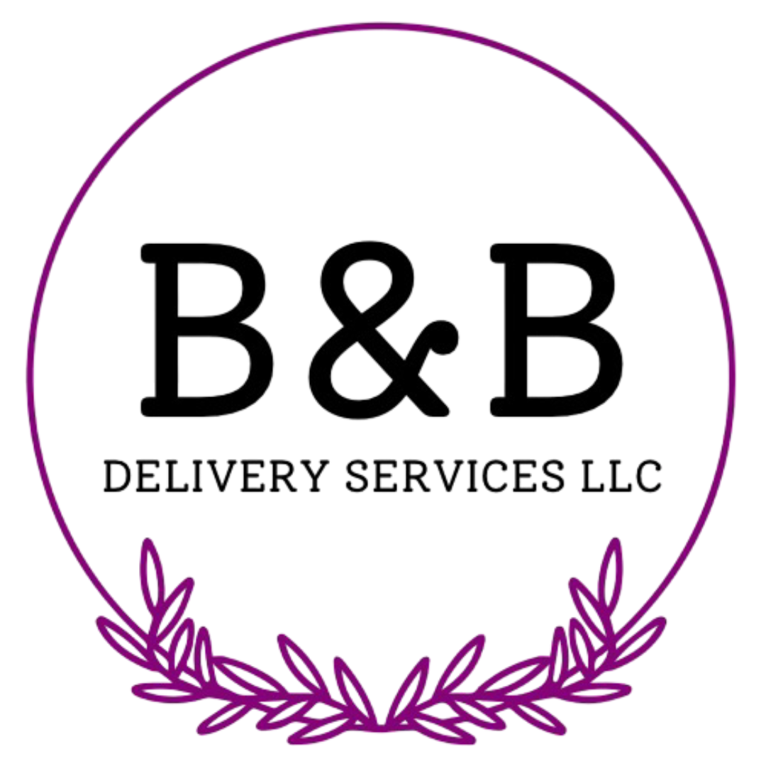 Logo for B&B Delivery Service with black text and purple decorative leaves