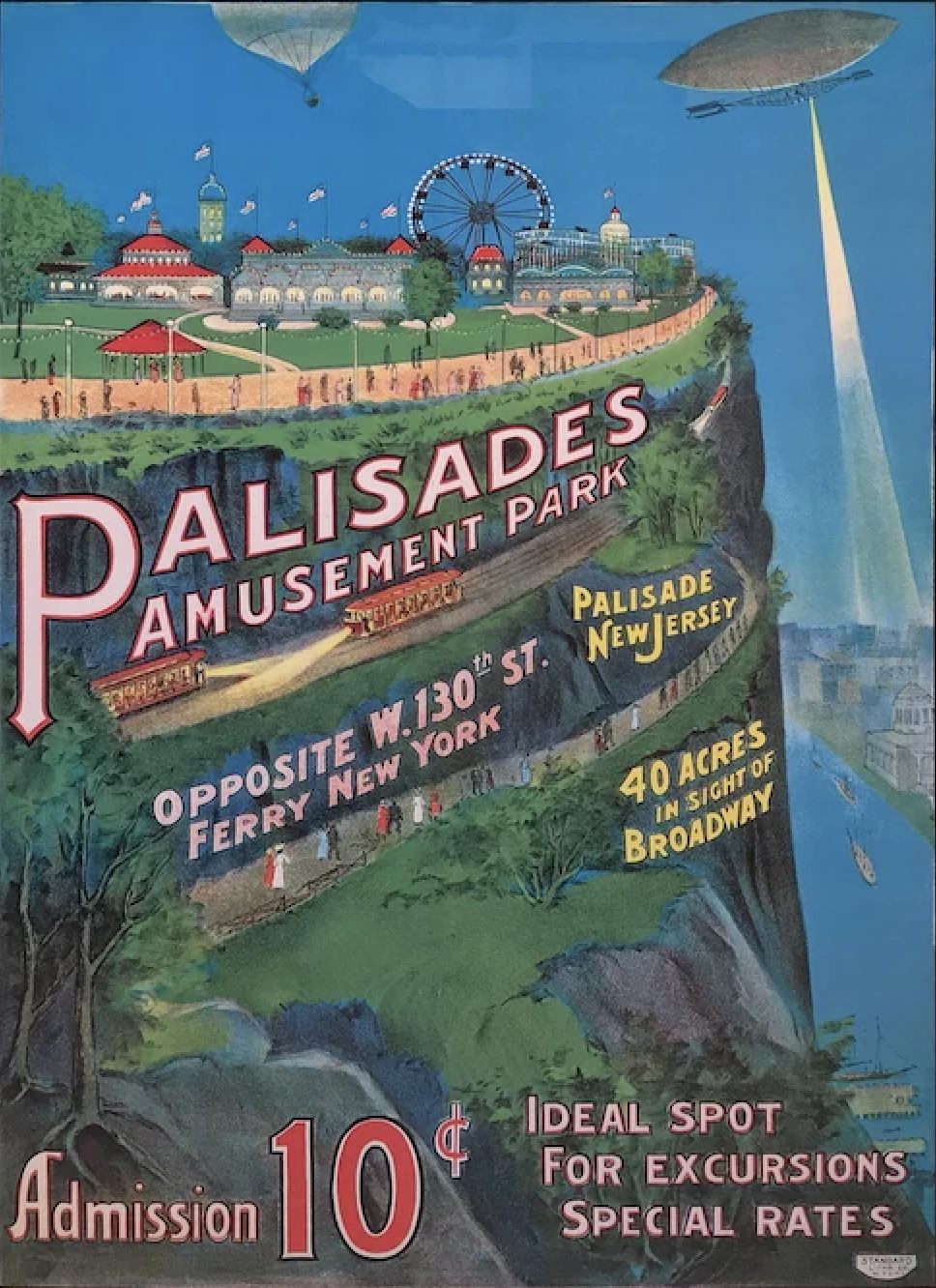 Colorful illustration of Palisades Amusement Park showing the park on a cliff overlooking a river with a ferry docked, a ferris wheel, roller coaster, buildings, and trees. Text highlights the park's location in Palisade, New Jersey, its proximity to New York, 40 acres, and admission price of 10 cents.