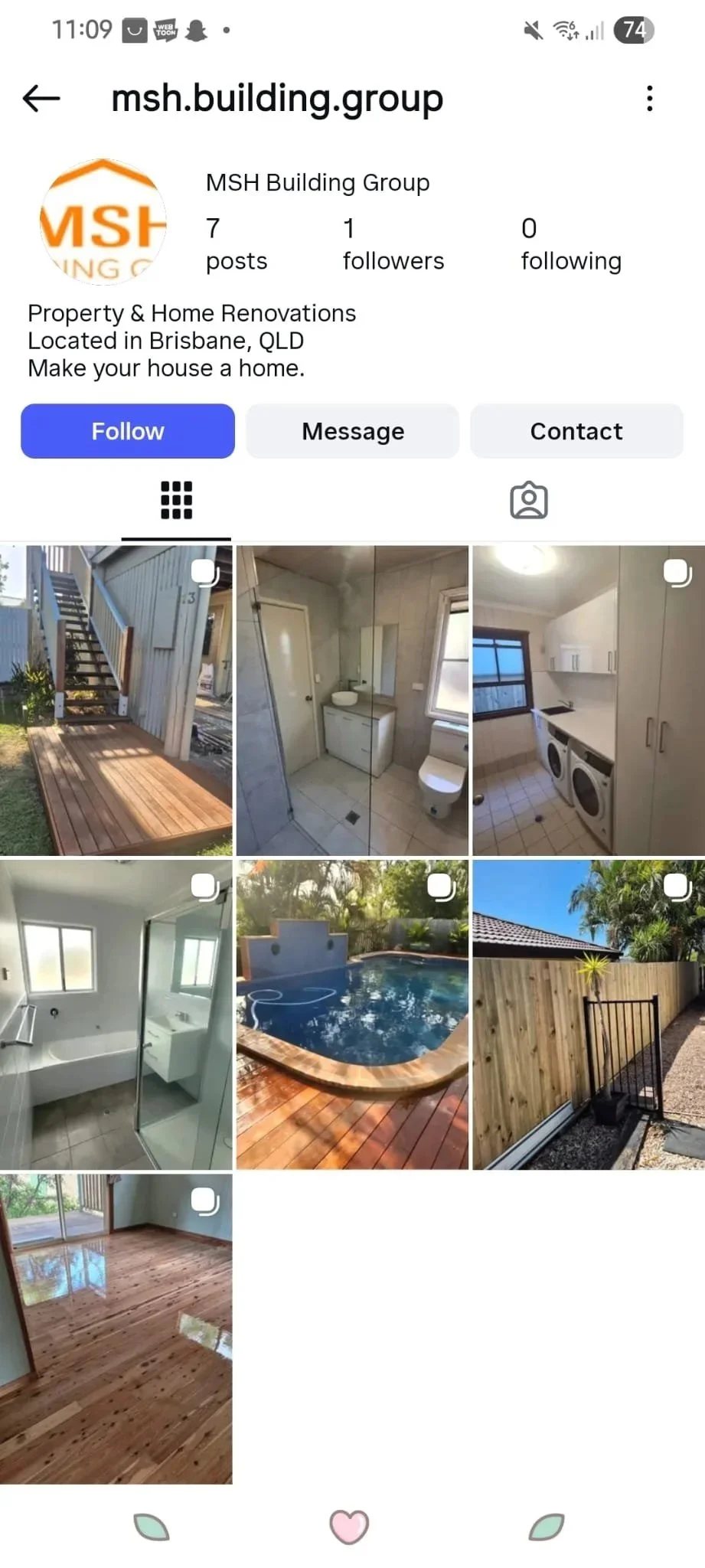 Screenshots of property and home renovations by MSH Building Group in Brisbane, Queensland, including outdoor deck, bathroom, laundry, bathroom with bathtub and shower, pool, fenced yard, and hardwood flooring.