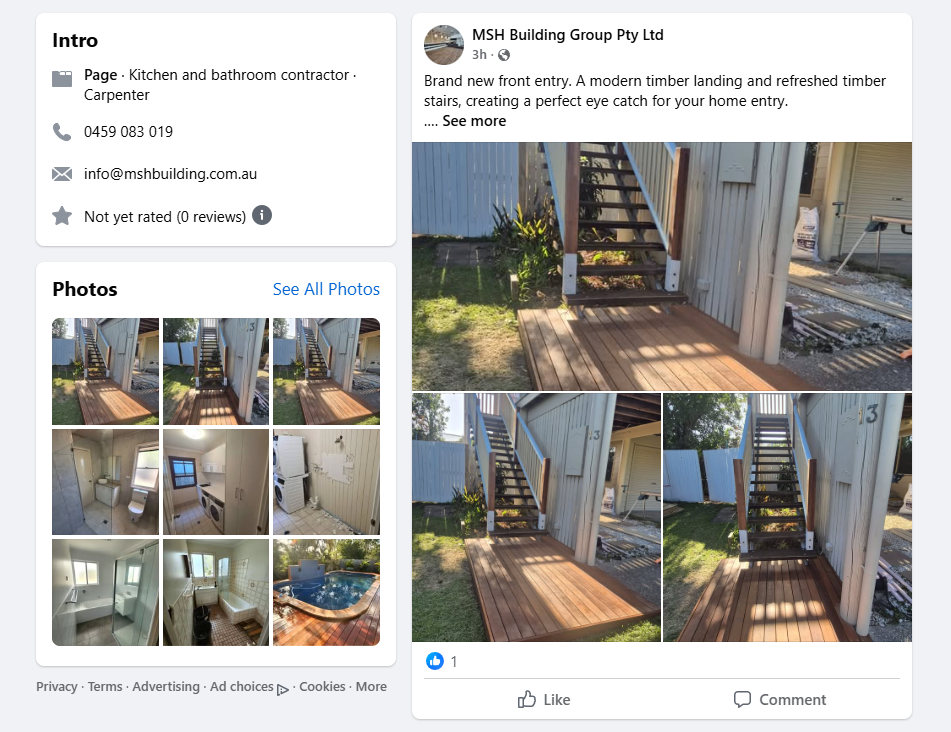Photos of a new front entry with modern timber staircase and refreshed timber stairs on an outdoor deck, and interior images of a laundry area, bathroom, and a room with a washing machine, as well as a hot tub on a deck.
