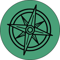 Black compass rose symbol on a green circular background