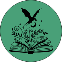 A silhouette of a dragon flying above an open book with swirling decorative elements and small star-like shapes, all on a teal background.