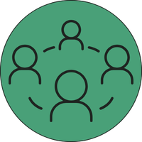 Icon of five people connected in a circle, representing a group or network