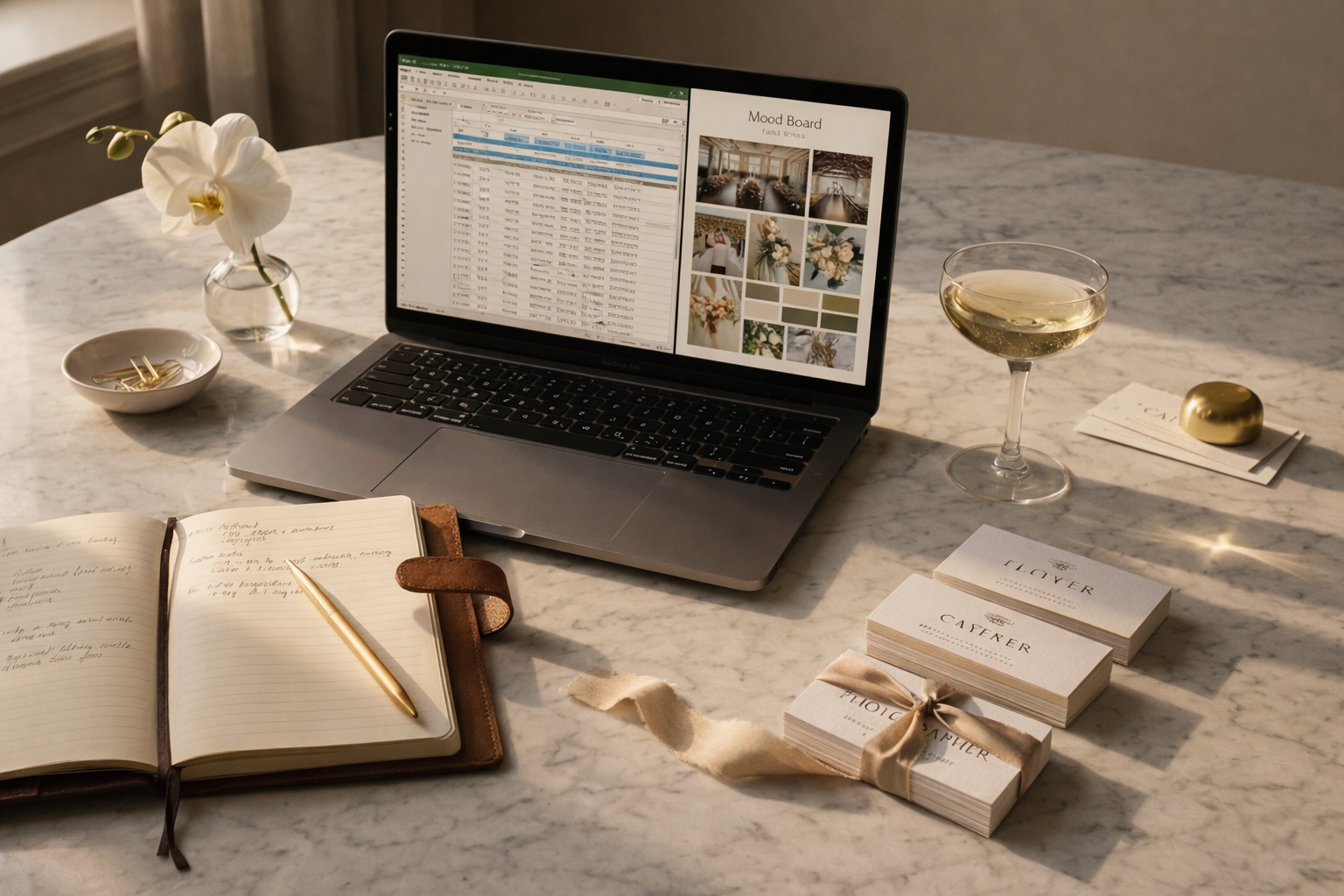 A marble table with a laptop displaying an Excel spreadsheet and a mood board, an open notebook with a pen, a vase with white orchids, a glass of white wine, and stacks of business cards with ribbons, along with a small dish of paper clips and a gold object.