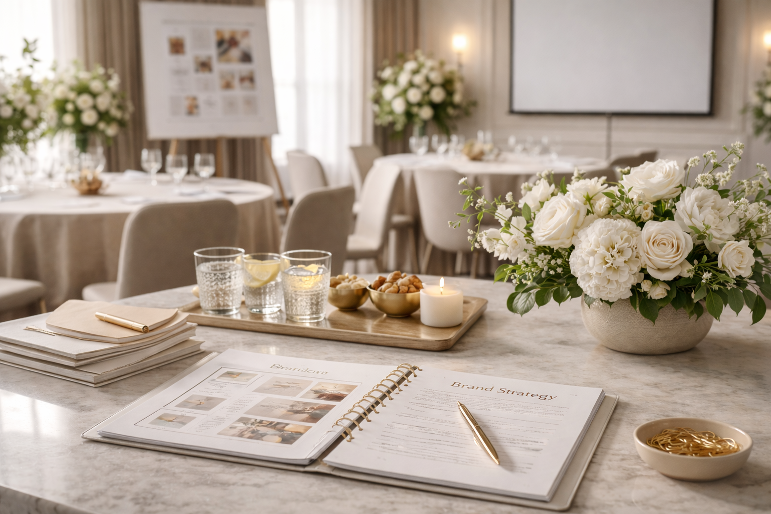 Elegant conference or event room with round tables, beige chairs, and floral centerpieces, featuring documents, notebooks, water glasses with lemon, nuts, a lit candle, and a large flower arrangement in a white vase on a marble table in the foreground.
