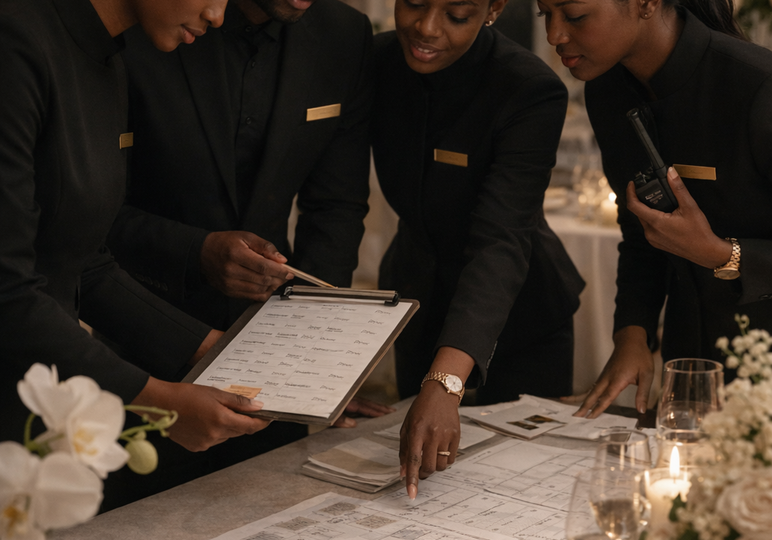 Four event staff members, three women and one man, wearing black jackets with gold name tags, are gathered around a table reviewing documents and plans, with one holding a walkie-talkie. The table is decorated with white flowers, candles, and printed layouts.