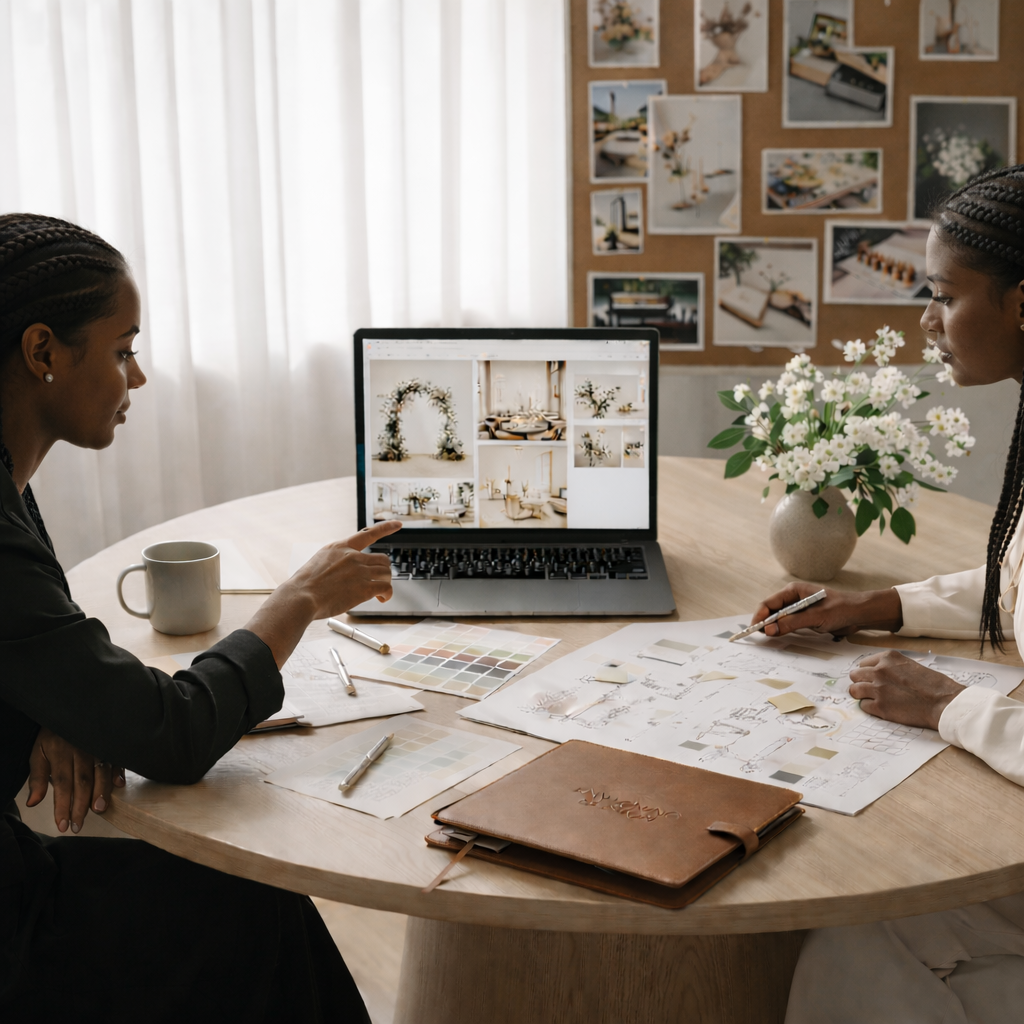 Two women sitting at a round table with design and color planning materials, a laptop showing interior design photos, and a vase of white flowers.