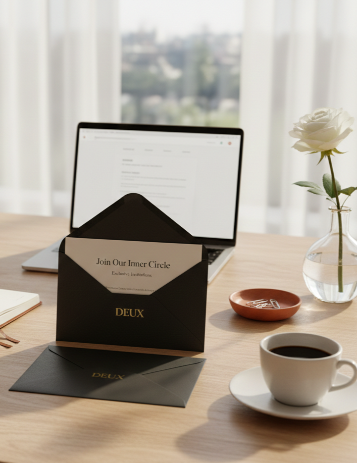 A desk with a laptop, an open black envelope with a card reading "Join Our Inner Circle," a closed envelope, a white mug of coffee, a small terracotta dish, and a vase with a single white rose, with sunlight coming through curtains in the background.
