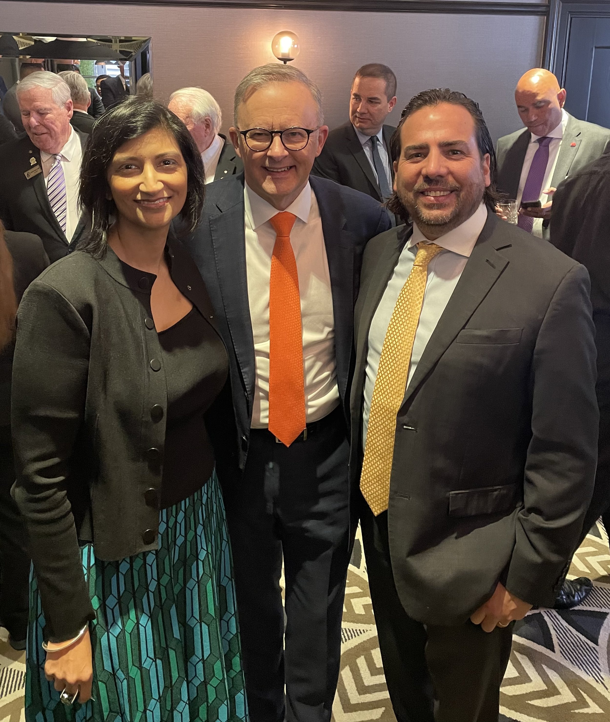 Josh Bihary with Prime Minister Anthony Albanese and Pfizer Managing Director Anne Harris