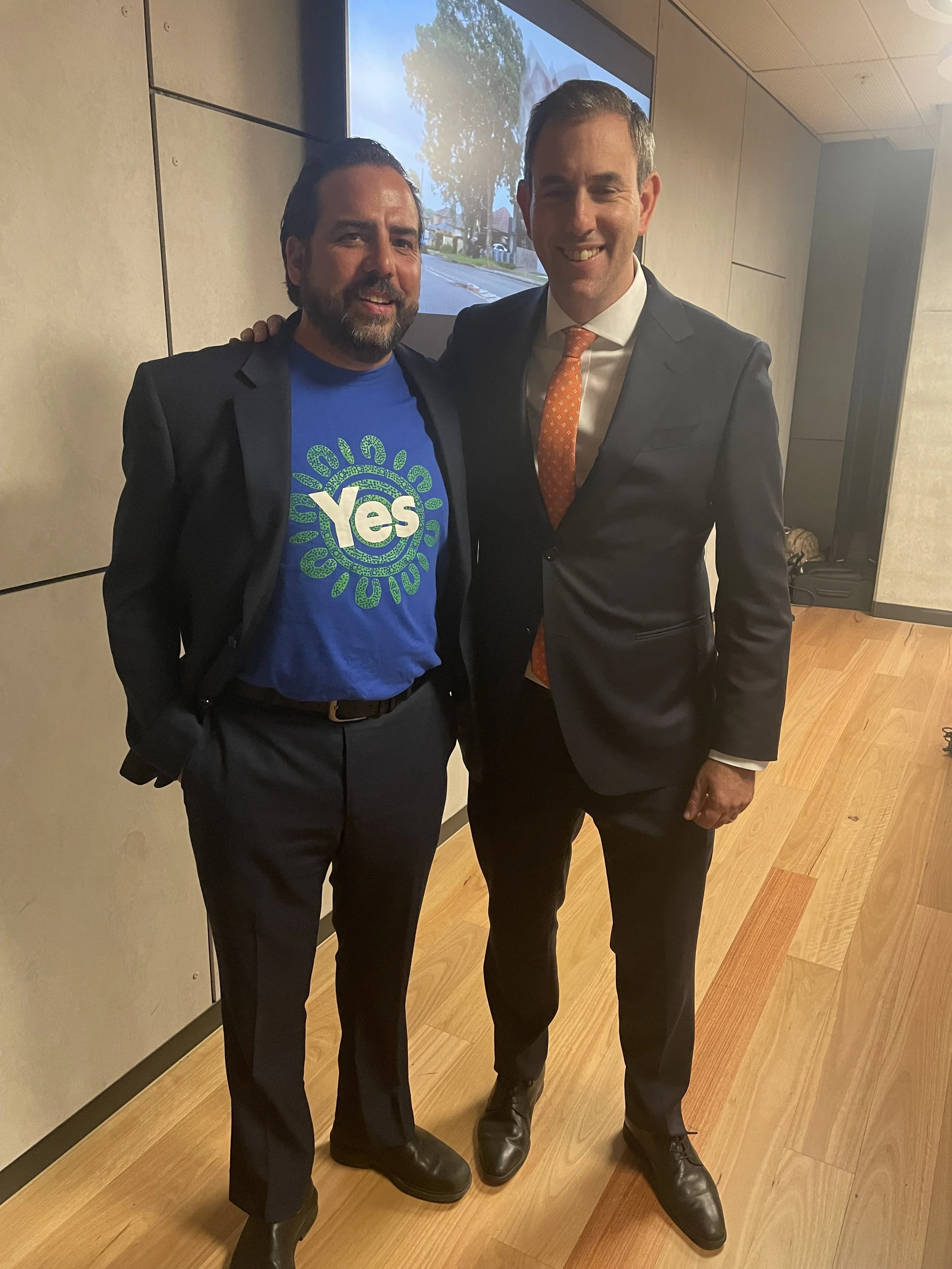 Josh Bihary with Treasurer Jim Chalmers at an event during the referendum to recognise Indigenous people in the Constitution