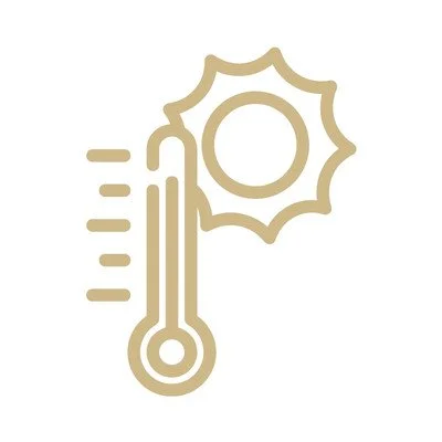 Icon of a sun with rays, thermometer, and horizontal lines indicating temperature, representing weather or temperature measurement.