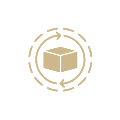 Icon of a cardboard box within a circular recycle arrow symbol.