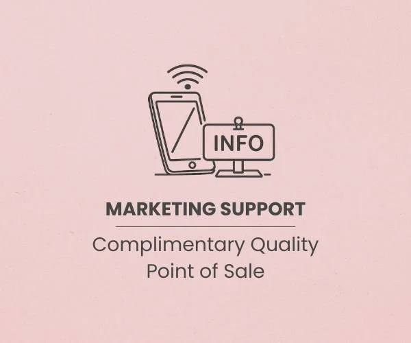 A promotional graphic with a pink background showing a smartphone connected to a Wi-Fi signal and an info sign, with text offering marketing support, complimentary quality, and point of sale.