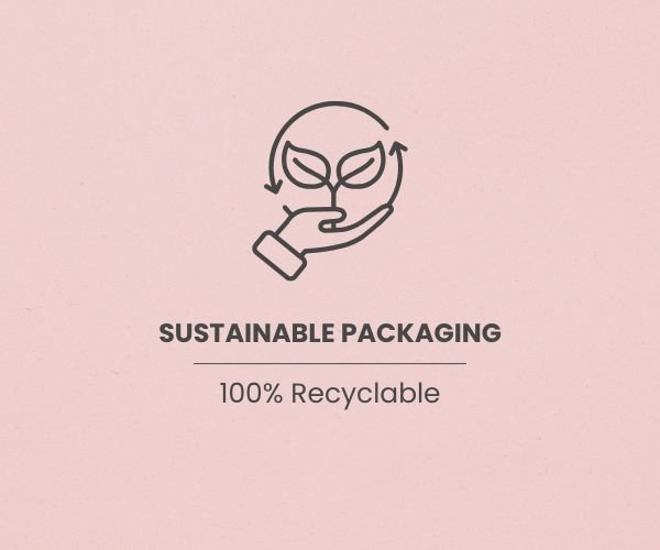 Icon of a hand holding a plant with arrows indicating recycling, with text ''Sustainable Packaging, 100% Recyclable'' on a light pink background.