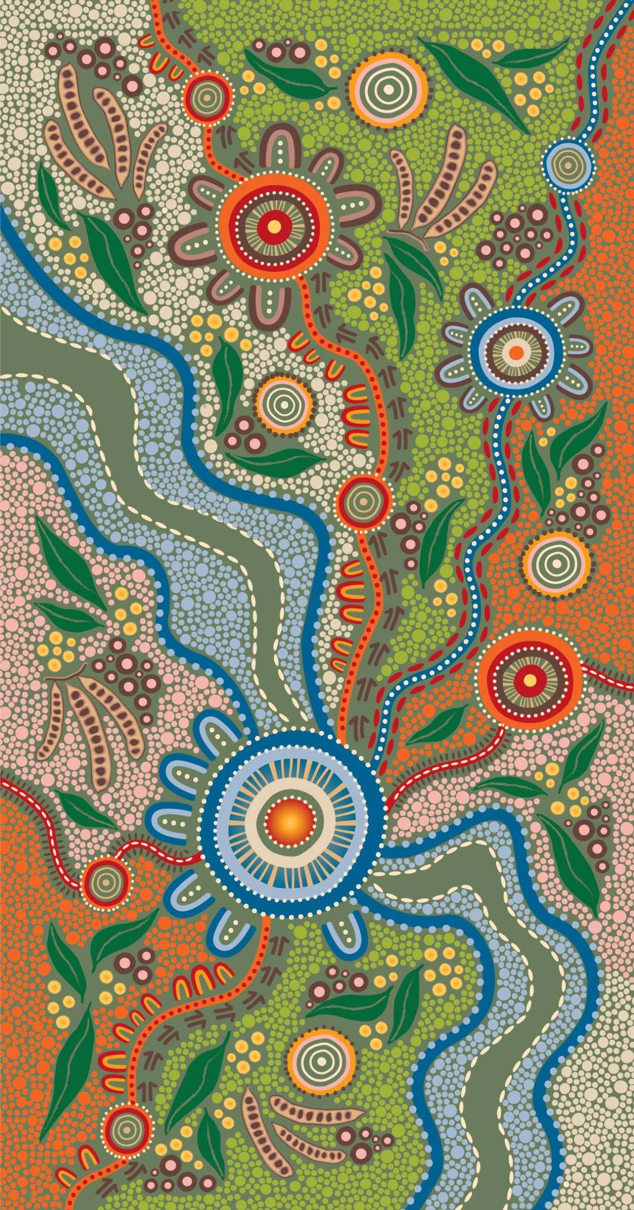 Abstract art featuring concentric circles, wavy lines, and leaf shapes in vibrant colors including red, blue, green, and orange. The style resembles Indigenous Australian dot painting.