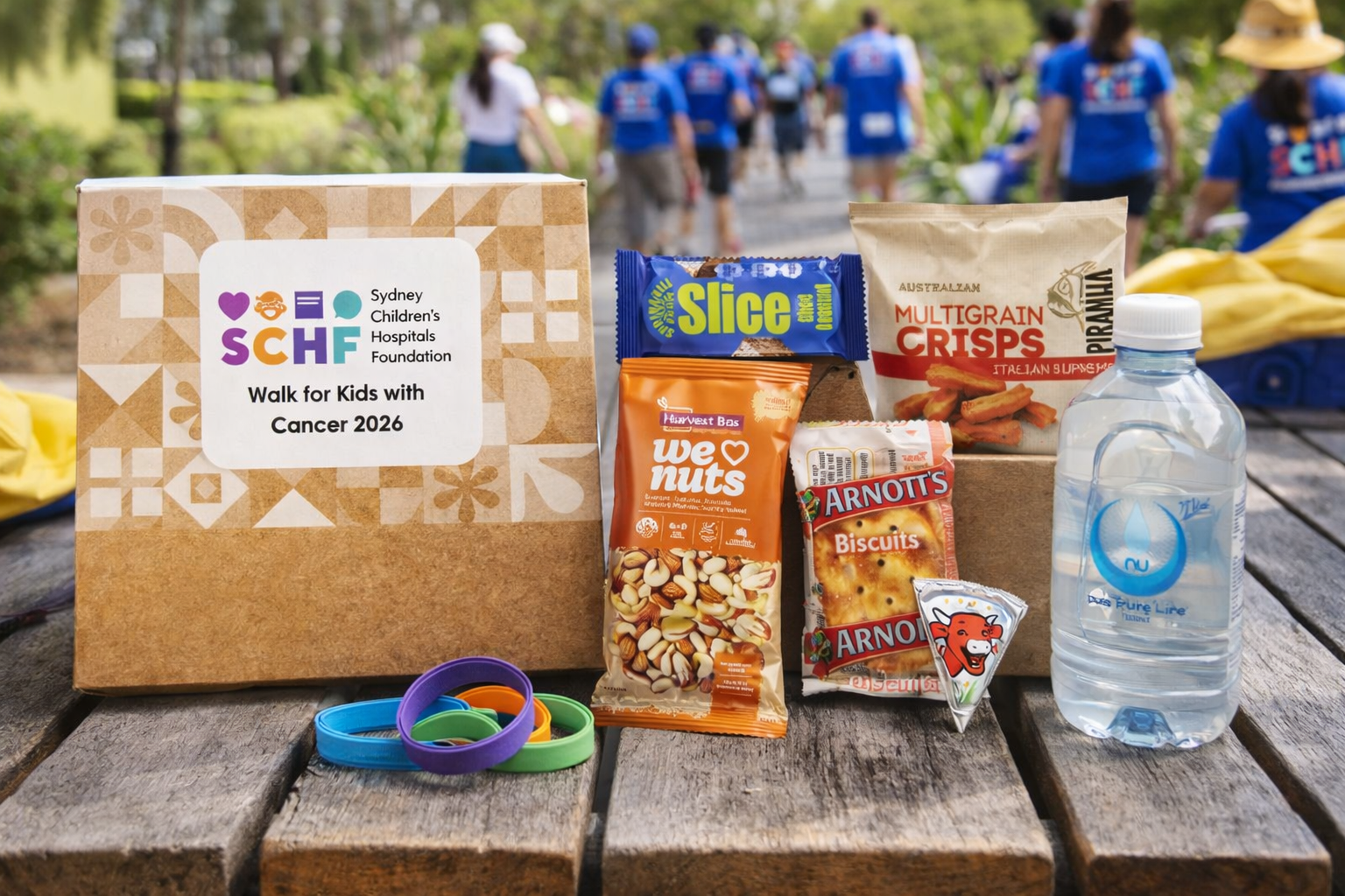 Snack table at a charity walk event with a box labeled 'Walk for Kids with Cancer 2026' and various snacks including biscuits, nuts, chips, and a bottle of water. People walking in the background.