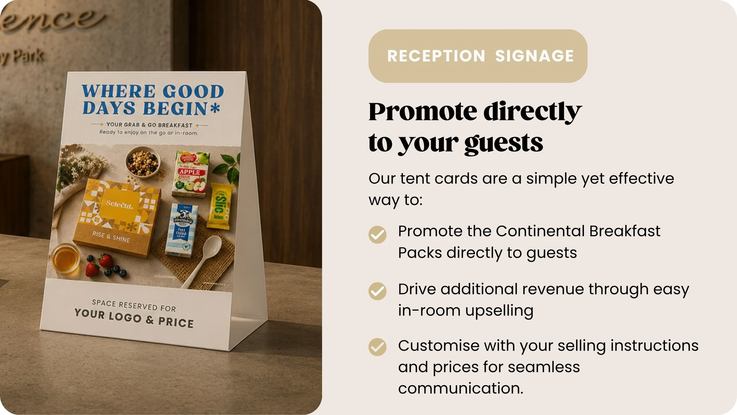 A display sign promoting breakfast items with the phrase 'Where Good Days Begin'. The sign shows various breakfast food packaging, a bowl of mixed berries, a cup of tea or coffee, and a spoon. To the right, there is a poster with text about promoting directly to guests and using tent cards for marketing.
