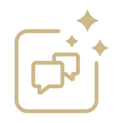 Stylized icon of a mobile phone with two speech bubbles and three sparkling stars.