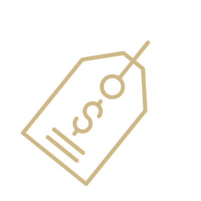 Gold-colored price tag with a string loop on a black background.