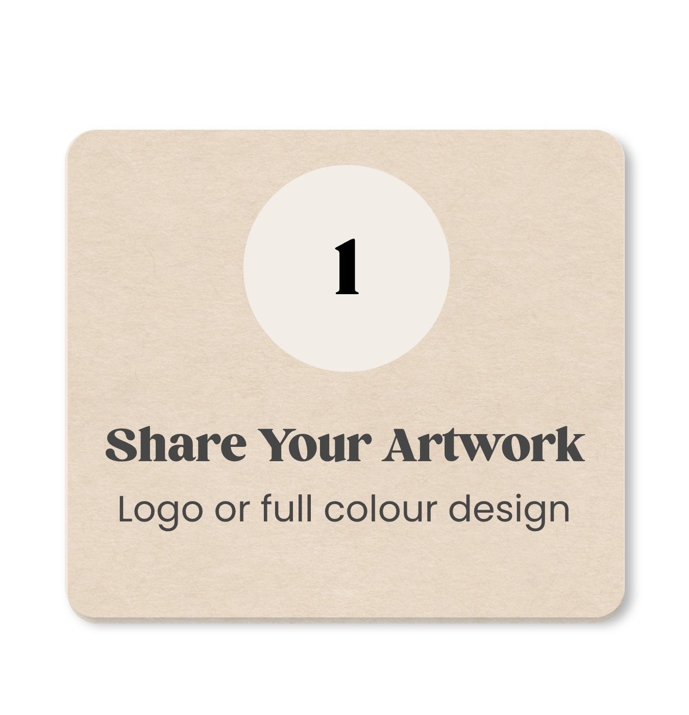 A beige square tile with rounded corners, featuring a large number 1 in a white circle at the top, and the text 'Share Your Artwork' followed by 'Logo or full colour design' at the bottom.