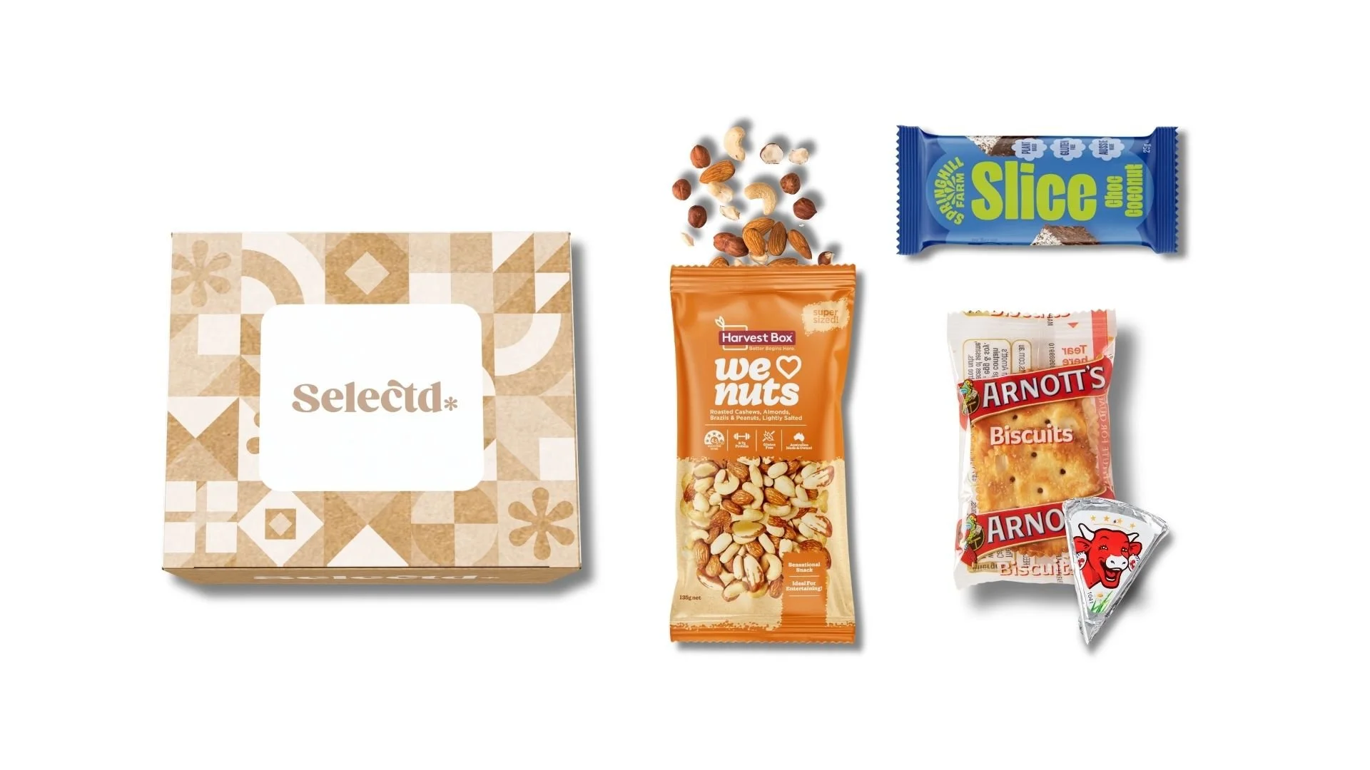 An assortment of snack foods including a box labeled Selecta, a bag of We Nuts mixed nuts, a pack of Arnott's Biscuits, a small bag of red licorice, a blue-pack Slice chocolate bar, and a pack of red and white candies, all arranged on a white background.