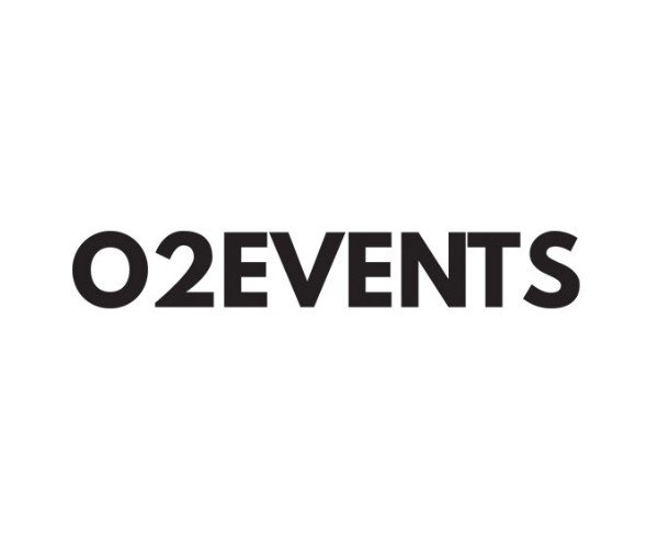 Logo for O2Events with the text 'O2 EVENTS' in bold black font on a white background.