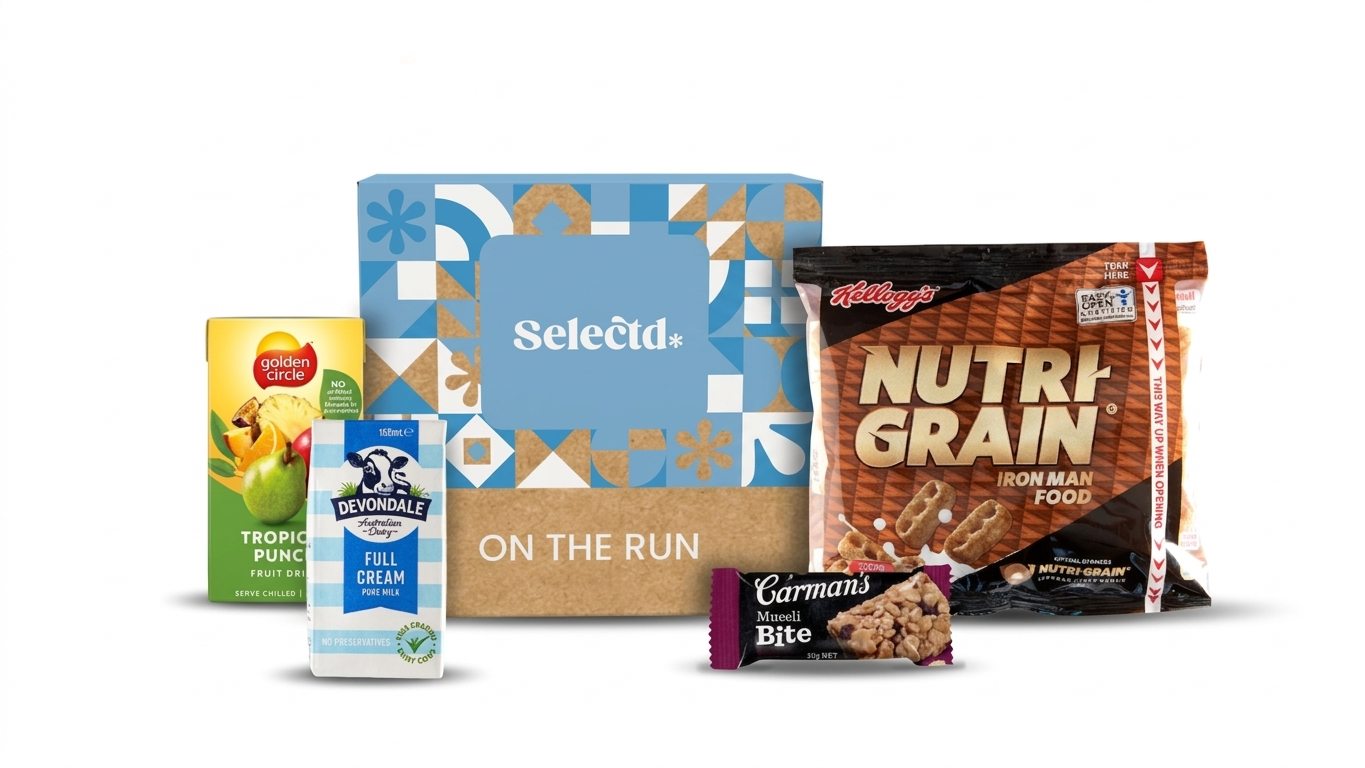 On The Run - Assorted breakfast items, including a Tropical Punch fruit drink, a carton of Devondale full cream milk, a Kellogg's Nutri-Grain cereal packet, a Carman's Muesli Bite bar, a Selectd breakfast box.