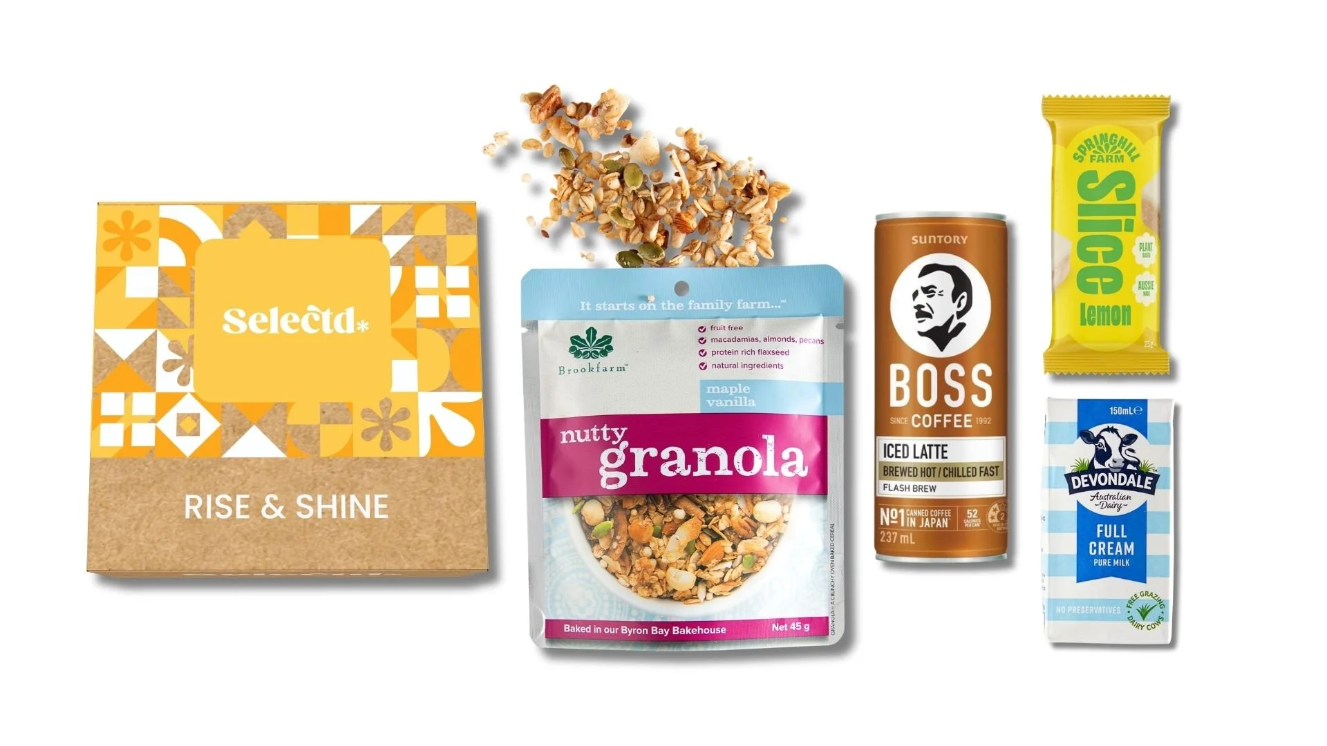 Assorted breakfast food and beverage items in an eco-friendly, recycled and sustainable box Selectd Rise & Shine, Brookfarm Nutty Granola, a can of Boss coffee, Springhill Farm lemon slice, Devondale milk.