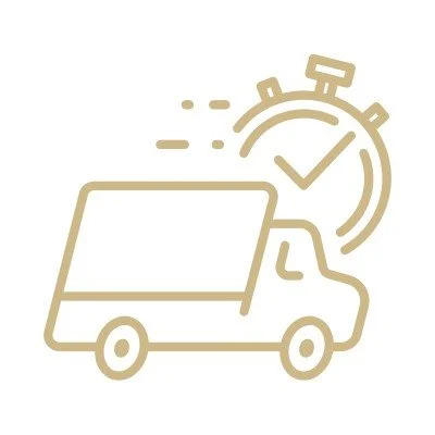 Outline of a delivery truck with a stopwatch and checkmark symbol.