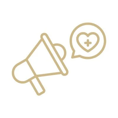 Line drawing of a megaphone and a chat bubble with a heart and plus symbol inside.