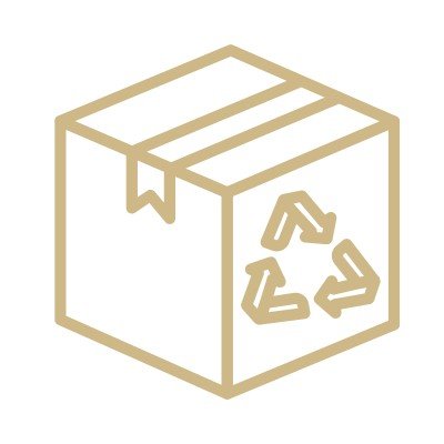 Line art illustration of a cardboard box with a recycling symbol on its side.
