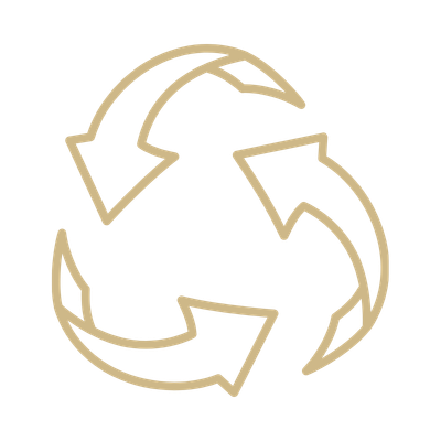 A circular arrow recycling symbol with three curved arrows forming a triangle.
