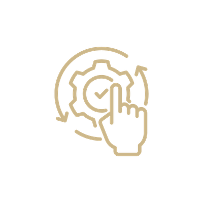 Gear icon with check mark and a hand pointing at it, representing settings or process approval.