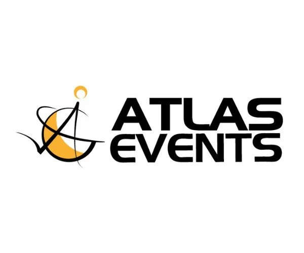 Logo of ATLAS EVENTS featuring a stylized globe with orbit lines and an orange crescent, alongside the text 'ATLAS EVENTS' in bold black letters.