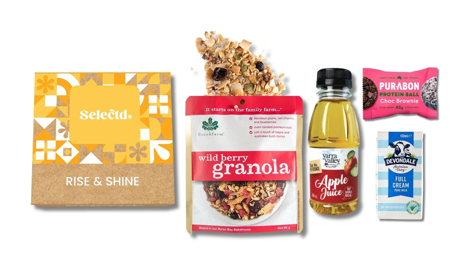 Various breakfast ingredients and snacks including a cereal box labeled 'Selecta Rise & Shine,' granola with dried fruits, a small bottle of apple juice, a pink package of protein balls, a carton of full cream milk, and a small bottle of oil.