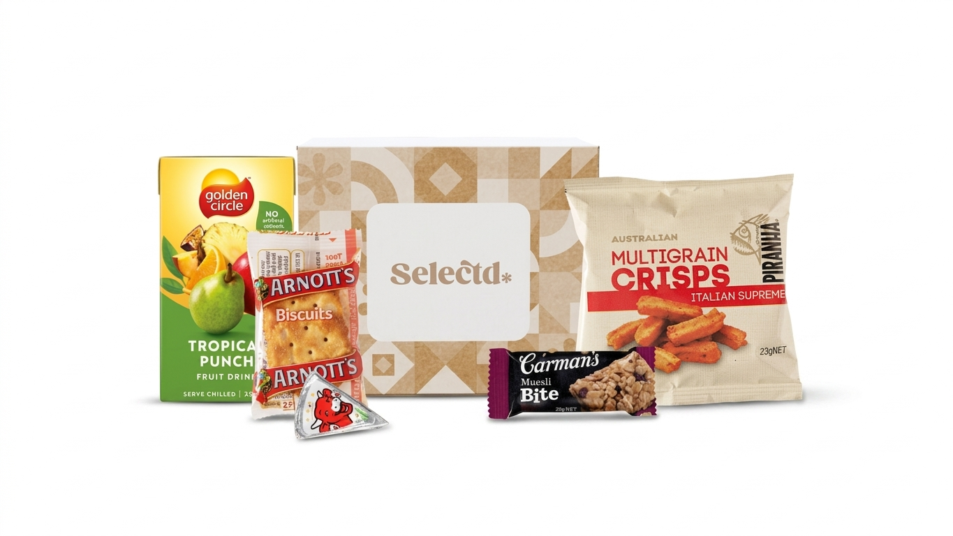 On The Run Coach pack - Assorted snacks and drinks, including Golden Circle tropical punch juice, Arnott's biscuits, a small bag of Carmans muesli bite, Australian multigrain crisps, and a Selectd gift box.