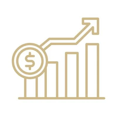 Line graph with increasing bars and an upward arrow, featuring a dollar sign in a circle.