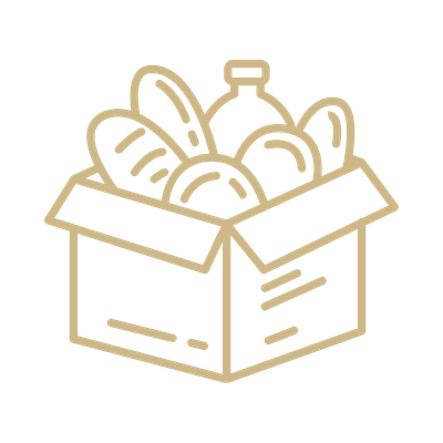 Outline drawing of a cardboard box filled with groceries such as bread, bottles, and other food items.