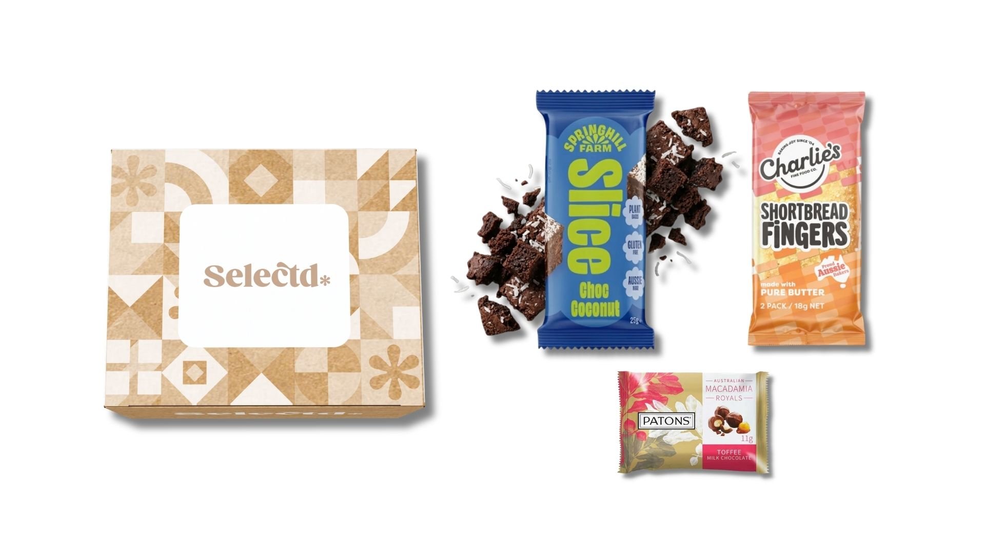 A beige box with the brand name 'Selected' on it, surrounded by various snack items including a blue package of dried coconut covered chocolate pieces, an orange package of Charlie's shortbread fingers, a small packet of Patons toffee milk chocolate, and a chocolate with coconut bar.