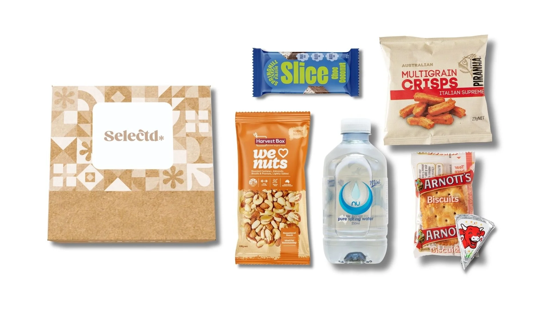A variety of snacks and beverages including a  Box, a Blue Slice chocolate coconut snack, a bag of Australian multigrain crisps, a bag of roasted mixed nuts, a bottle of pure spring water, a pack of Arnott's biscuits, and a small packet of Red Band candy.