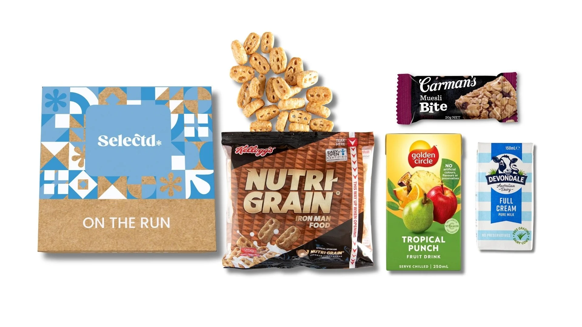 Assorted  items including a blue box labeled 'Select ON THE RUN', a packet of Nutri Grain cereal, a small pack of Carman's Muesli Bite, a bunch of small cereal puffs, a carton of Devondale full cream milk, a carton of Tropical Punch fruit drink, and a yellow and red Golden Circle pineapple juice.