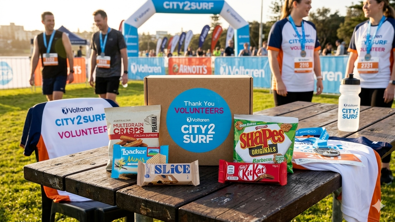 Table with branded snack packs and a thank you card for volunteers at a city surfing event. In the background, people walking near a finish line arch and banners of sponsors, with volunteers wearing shirts and medals.